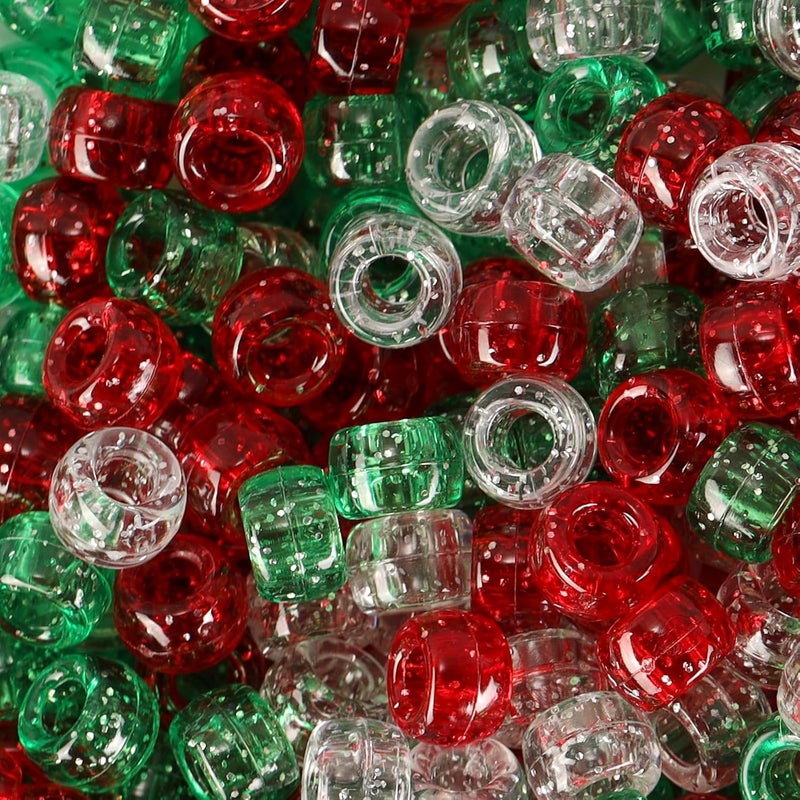 FINEWEN Christmas Beads(1200Pcs 6x9mm) Pony Beads Bulk, Red White Green Glitter Bead for Hair Braids, Christmas Decoration,Friendship Crafts (Xmas Glitter) - Image 1